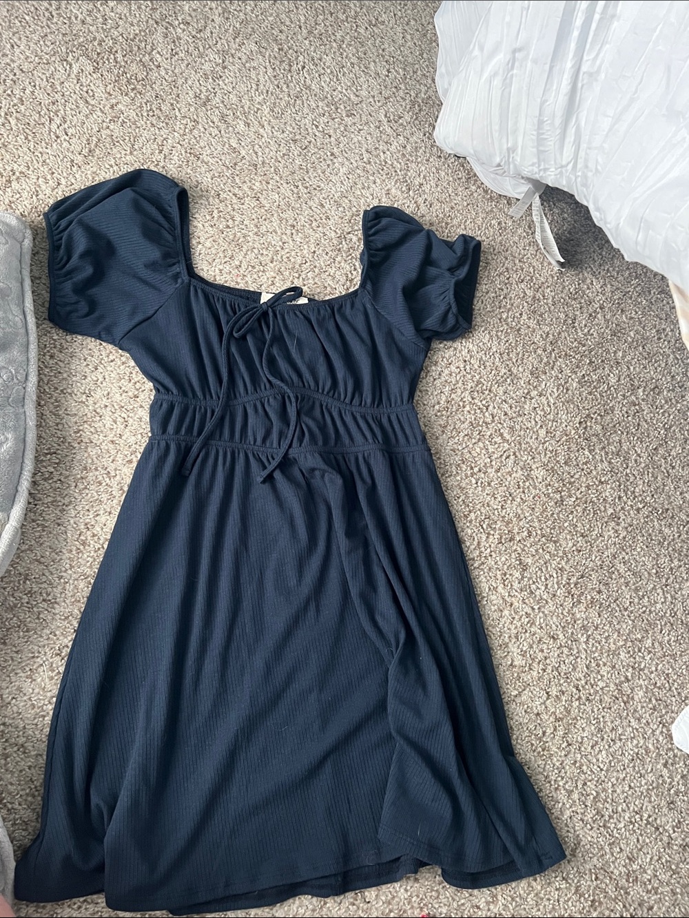 Women’s Navy Puff Sleeve Mini Dress with Tie Front
